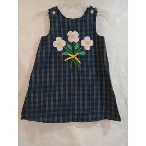 Kellys Kids Vintage Girls Plaid Jumper Dress Navy Blue Floral Daisy Applique 6